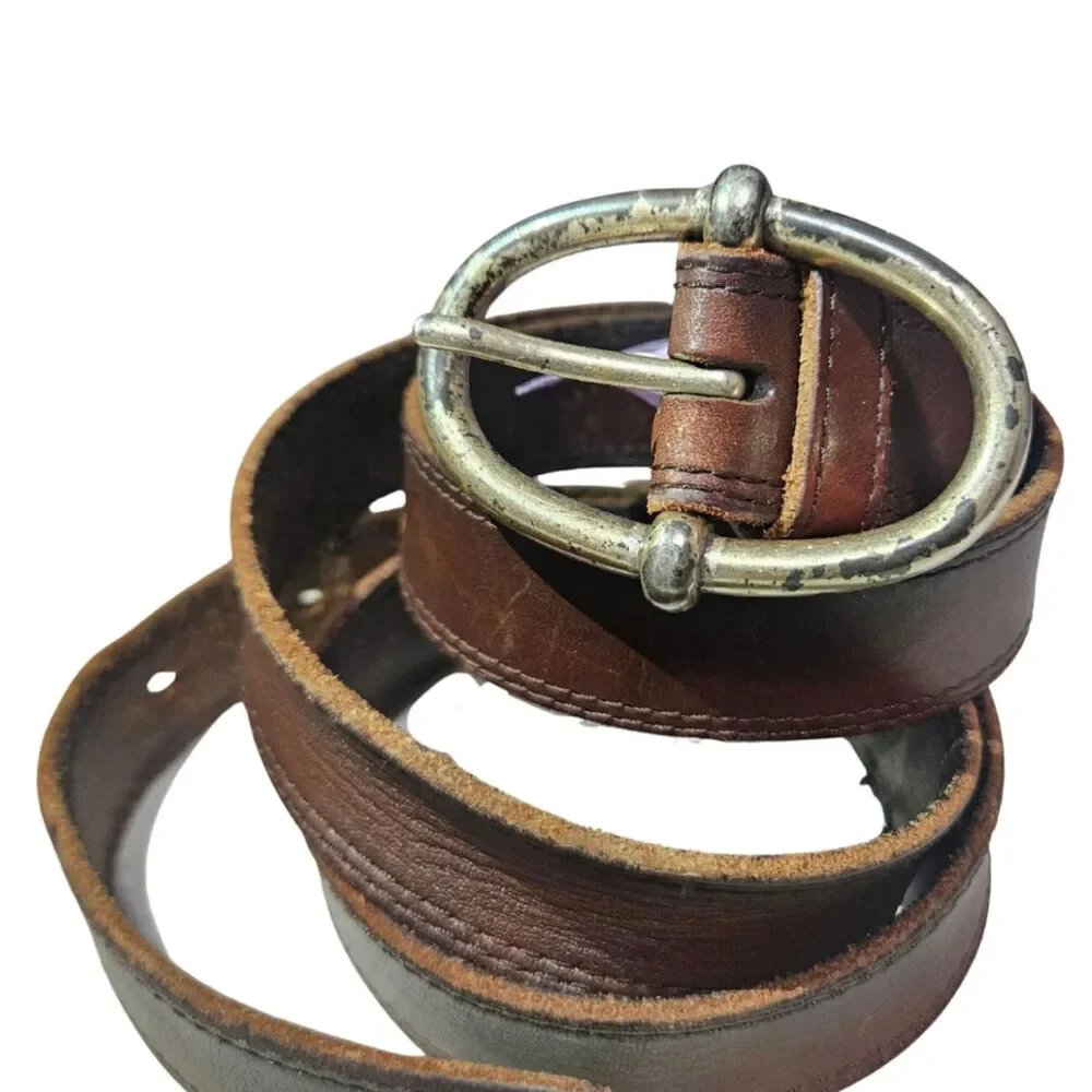 1990s Unisex Brown Leather Belt Oval Pull Through Belt Buckle Fair Condition 40